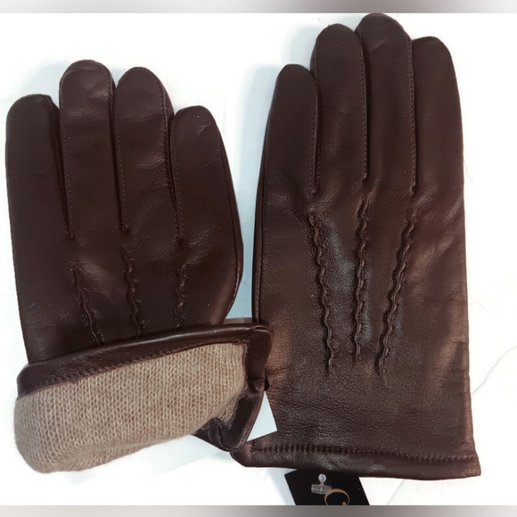 MEN'S CASHMERE LINED LEATHER GLOVES, BROWN, SMALL - Picture 2 of 3